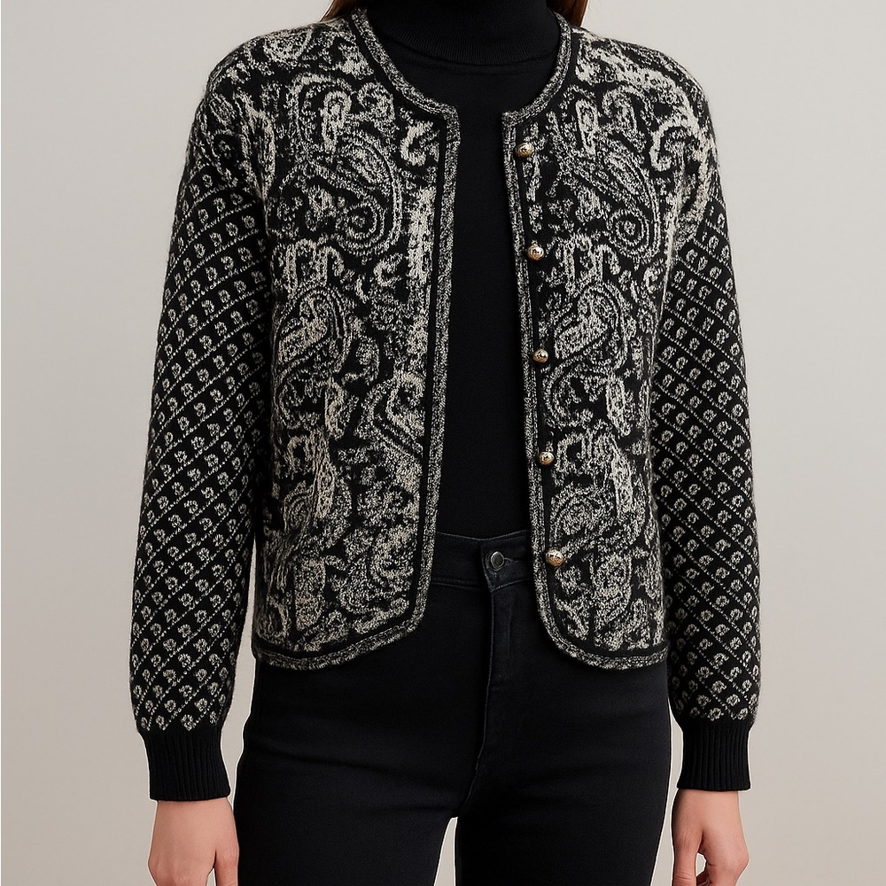 Vintage‎ Ciao 100% Wool Paisley Patterned Black and White Knit Cardigan Size 10